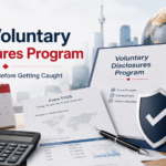 Professional cover image for CRA Voluntary Disclosures Program guide showing Canadian tax documents, Form T1135, passport, globe, calculator, and compliance shield for newcomers fixing tax mistakes before CRA contact.