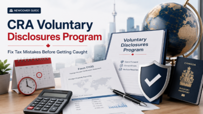 Professional cover image for CRA Voluntary Disclosures Program guide showing Canadian tax documents, Form T1135, passport, globe, calculator, and compliance shield for newcomers fixing tax mistakes before CRA contact.