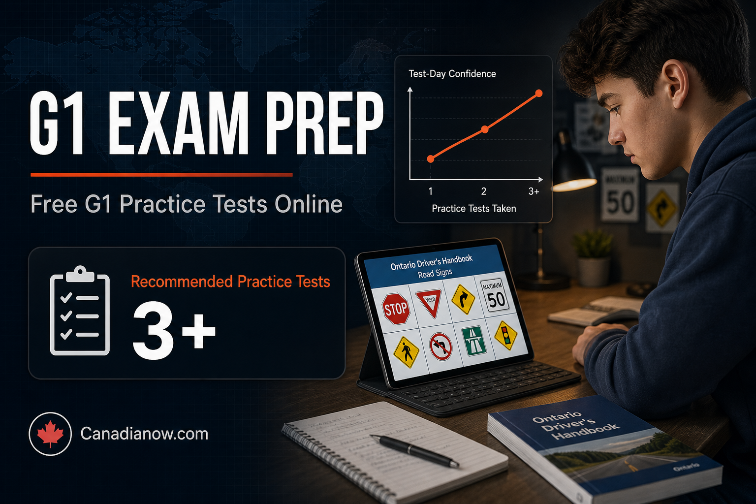 Student reviewing G1 exam practice test questions on a laptop for the Ontario driving test