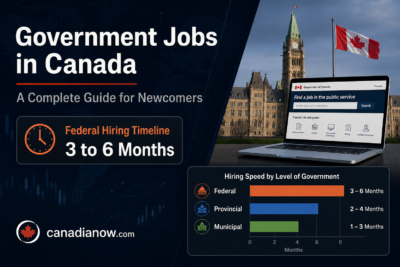 How to get a government job in Canada infographic showing a 3 to 6 month federal hiring timeline