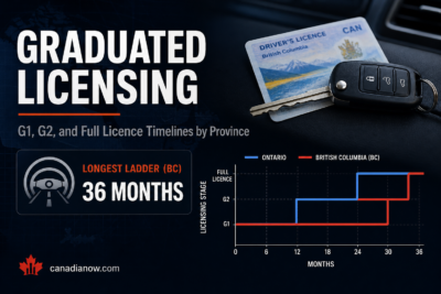 Graduated driver licensing timelines in Canada comparing Ontario's G1-G2-G stages to British Columbia's 36-month ladder