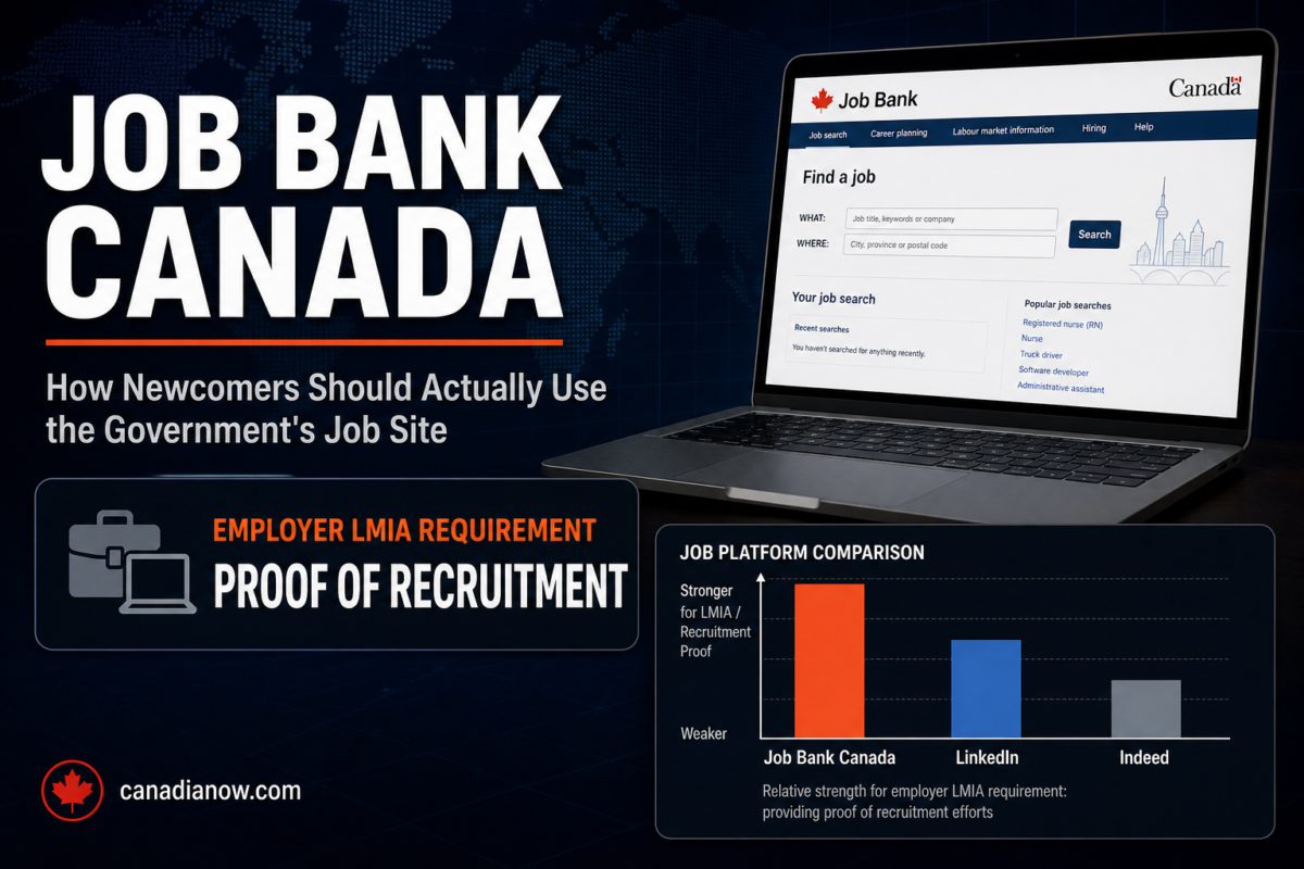 Job Bank Canada guide for newcomers showing how employer LMIA recruitment requirements connect to the government's official job search platform