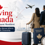 Canadianow - Latest News, Immigration Updates, Jobs &Amp; Lifestyle In Canada! 7 Permanent residents leaving Canada with luggage, a flight path, calendar, clock, and Canadian immigration symbols showing how time abroad affects PR status and citizenship eligibility.