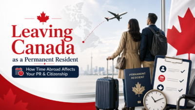 Canadianow - Latest News, Immigration Updates, Jobs &Amp; Lifestyle In Canada! 1 Permanent residents leaving Canada with luggage, a flight path, calendar, clock, and Canadian immigration symbols showing how time abroad affects PR status and citizenship eligibility.