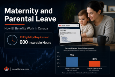 Canada EI maternity and parental leave benefits infographic showing the 600 insurable hours eligibility requirement