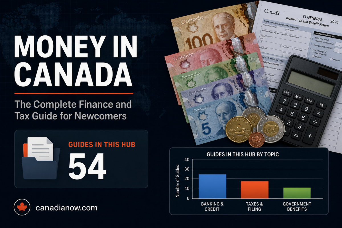 Complete finance and tax guide hub for newcomers to Canada covering banking, taxes, RESP, and benefit payments