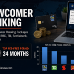Comparison of newcomer banking packages at RBC, TD, Scotiabank, CIBC, and BMO including fee-free periods and cash bonuses