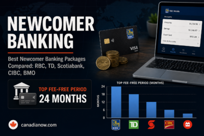 Comparison of newcomer banking packages at RBC, TD, Scotiabank, CIBC, and BMO including fee-free periods and cash bonuses