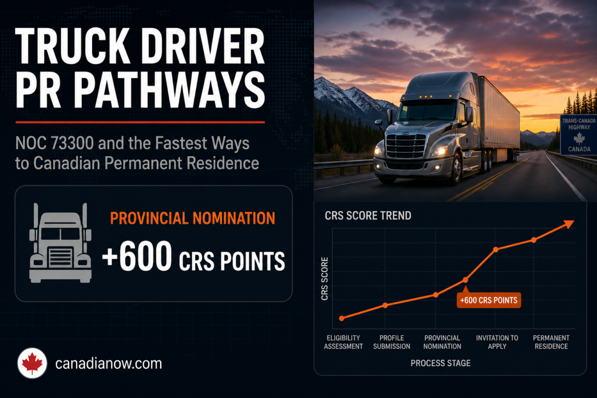Truck driver immigration to Canada guide showing NOC 73300 classification and provincial nomination adding 600 CRS points toward permanent residence
