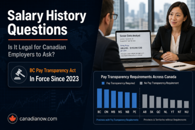 Salary history question legality in Canada infographic referencing the 2023 BC Pay Transparency Act