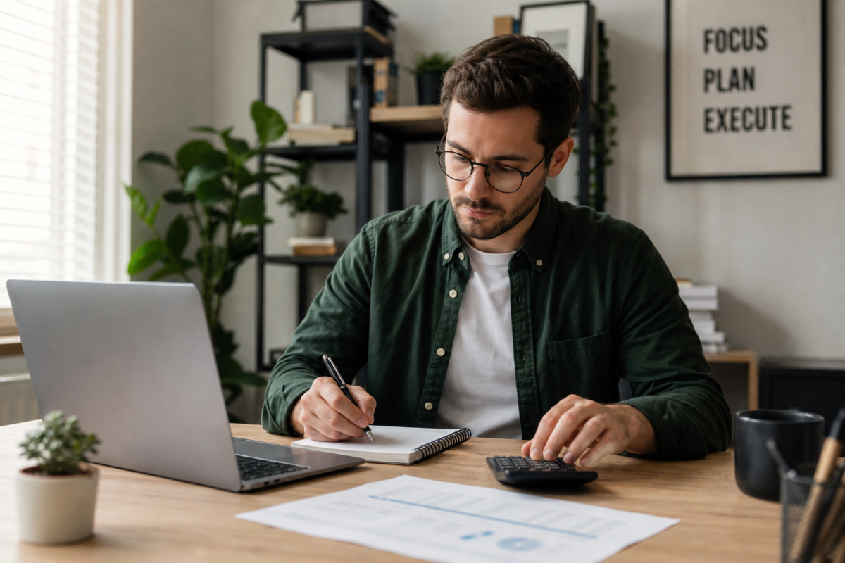Self-employed freelancer calculating CPP contributions and taxes in Canada