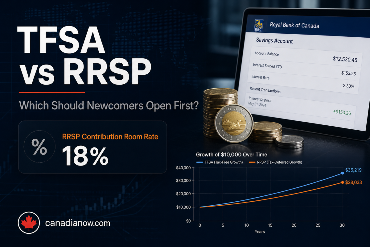 TFSA vs RRSP comparison graphic for Canadian newcomers, highlighting the 18 percent annual RRSP contribution room limit