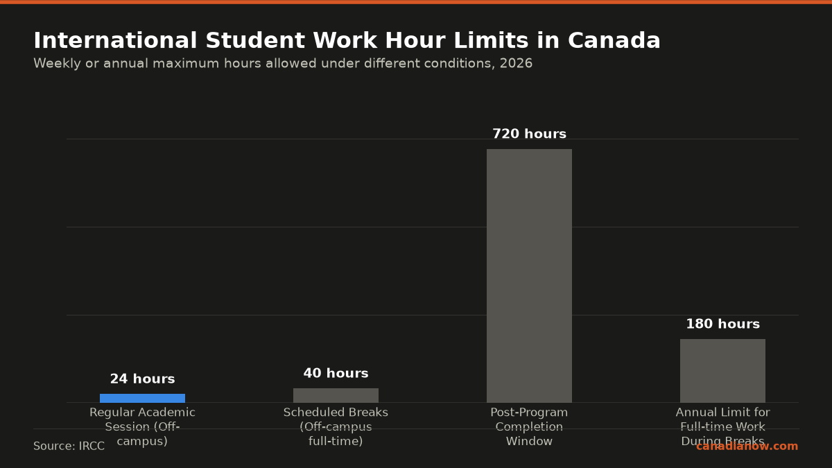 International students can work up to 24 hours per week off-campus during academic sessions, full-time during scheduled breaks within a 180-day annual limit, and unlimited hours for up to 90 days post-program completion. Scheduled breaks allow unlimited weekly hours but capped annually at 180 days.