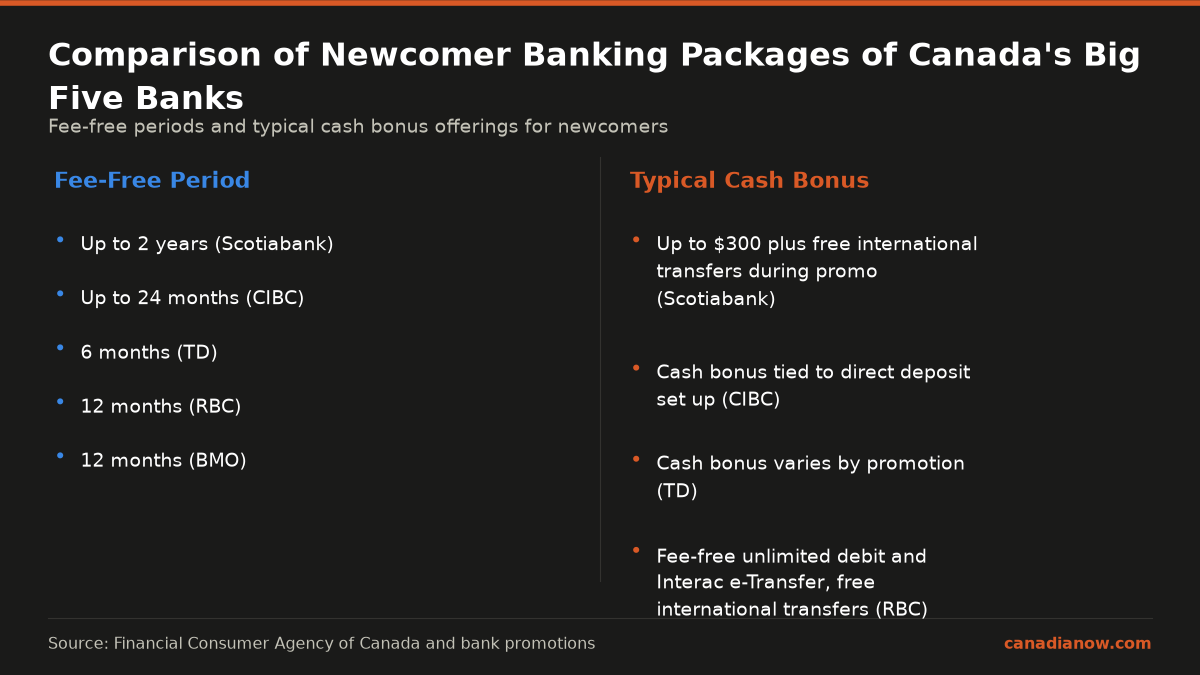 Best Newcomer Banking Packages Compared: Rbc, Td, Scotiabank, Cibc, And Bmo 1 Newcomer banking packages comparison showing that Scotiabank and CIBC offer up to 24 months fee-free periods with cash bonuses, RBC and BMO offer 12 months fee-free and cash bonuses, and TD offers 6 months fee-free with variable cash bonuses.