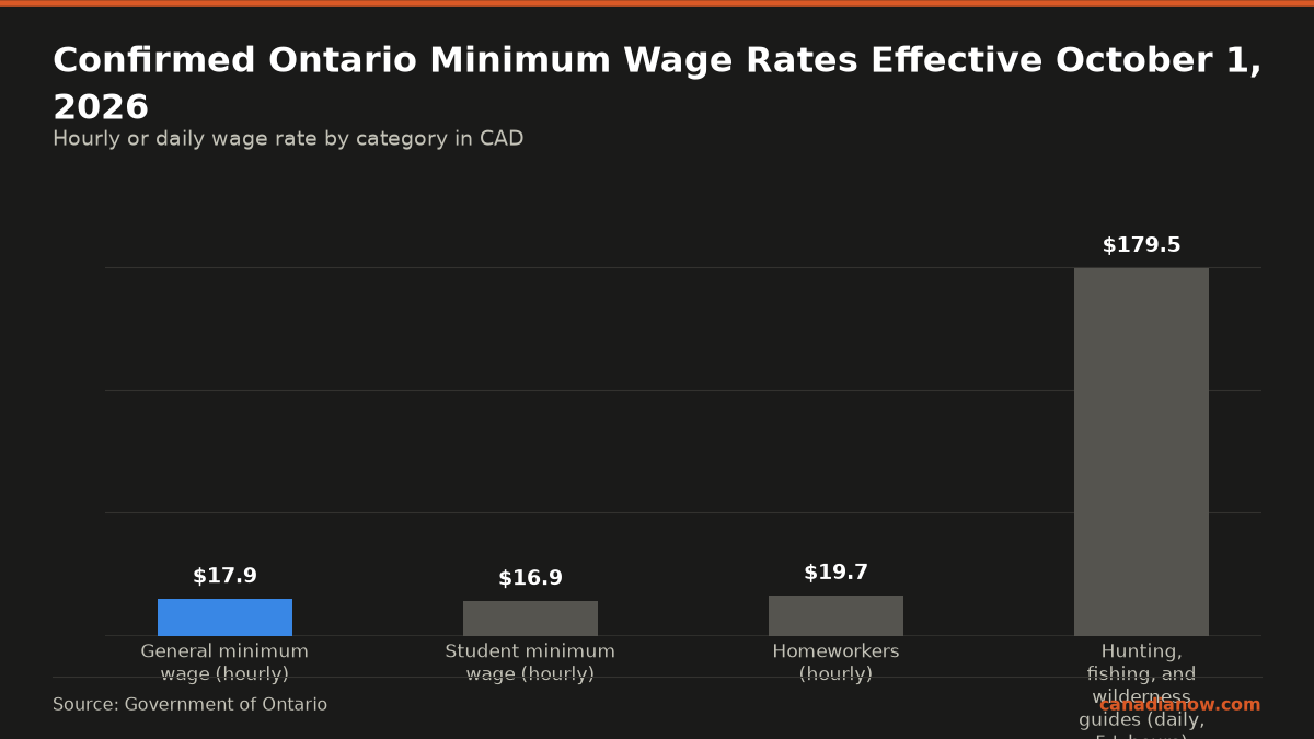 Ontario minimum wage rates effective October 1, 2026: general $17.95 per hour, student $16.90 per hour, homeworkers $19.70 per hour, guides $179.50 per day for 5 or more hours.