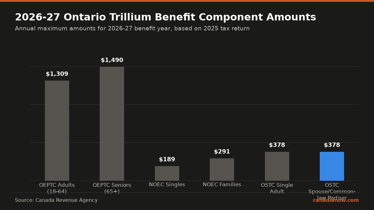 The Ontario Trillium Benefit includes up to $1,490 for seniors; $1,309 for adults 18-64 in OEPTC; Northern Ontario Energy Credit offers up to $291 for families or $189 for singles; Ontario Sales Tax Credit offers $378 for each adult or spouse, totaling over $2,100 annually for eligible families.