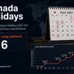 Canada’s 2027 statutory holidays calendar with long weekends highlighted, including a six-long-weekend summary and holiday dates.