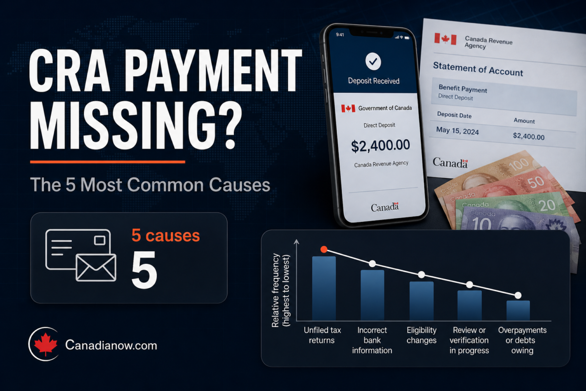 A dark editorial graphic about why a CRA benefit payment may not have arrived, highlighting five common causes such as unfiled tax returns, outdated banking details, marital status changes, custody changes, and offsets for debts.