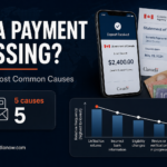 A dark editorial graphic about why a CRA benefit payment may not have arrived, highlighting five common causes such as unfiled tax returns, outdated banking details, marital status changes, custody changes, and offsets for debts.