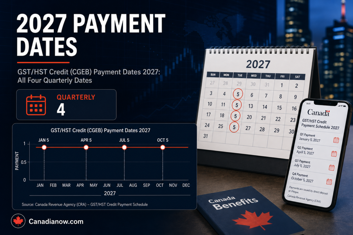 Canada GST/HST Credit (CGEB) 2027 payment dates shown with four quarterly dates and a highlighted payment schedule for January, April, July, and October.