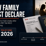 A Canadian immigration article about telling IRCC if you get married or have a baby after applying for permanent residence, with a warning about the 2026 policy end and the need to declare new family members before landing.