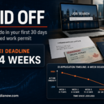 A laid-off worker’s first 30 days on a closed Canadian work permit, showing the EI application deadline, permit paperwork, and next-step job search planning.