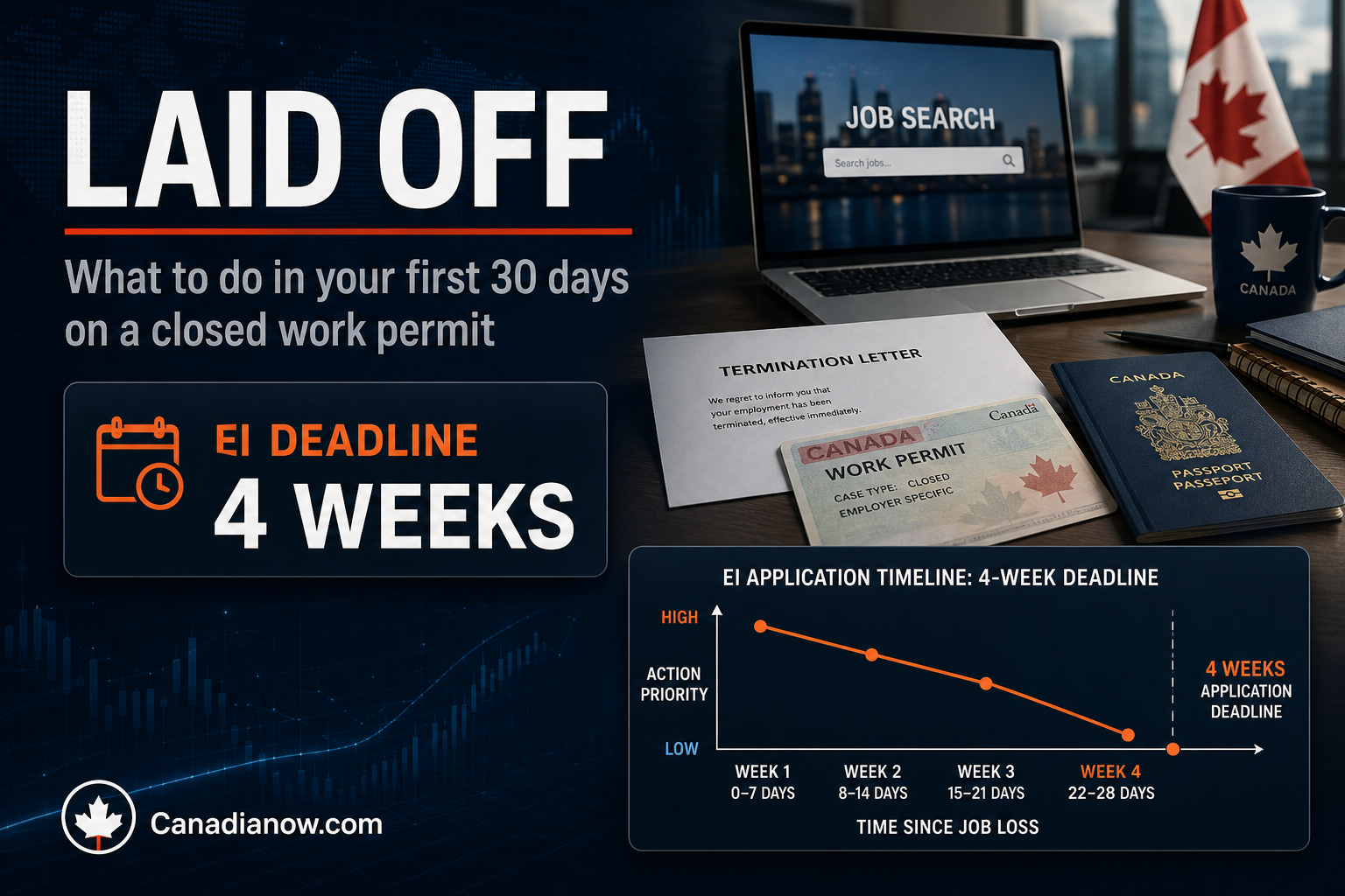A laid-off worker’s first 30 days on a closed Canadian work permit, showing the EI application deadline, permit paperwork, and next-step job search planning.