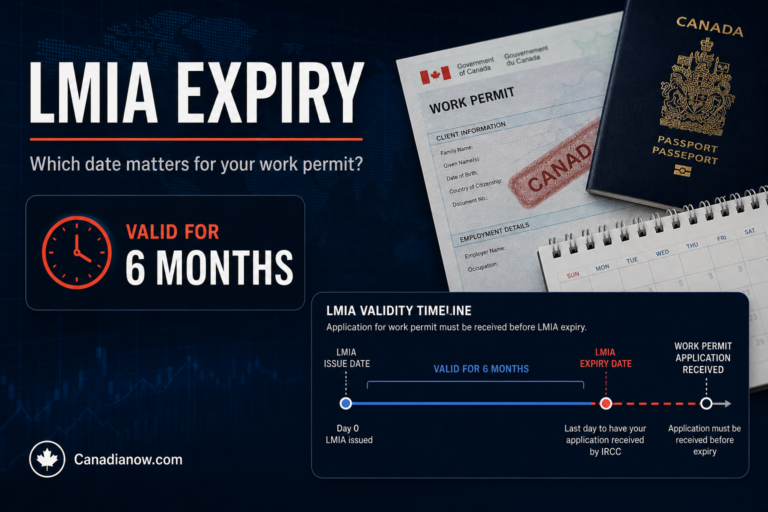 A Canadian work permit and LMIA deadline graphic explaining that the LMIA is valid for six months and that the work permit expiry date is the date that determines how long someone can keep working.