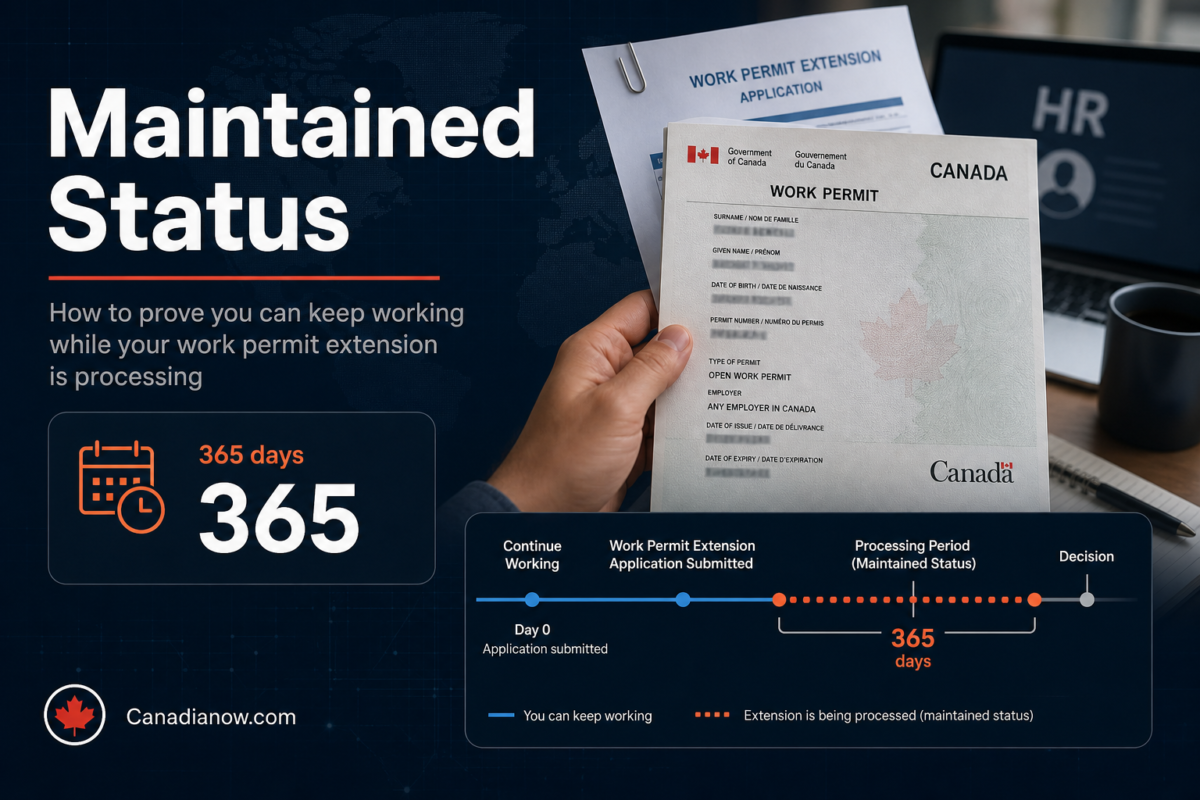 A Canadian worker can keep working on maintained status while a work permit extension is being processed, using proof such as the WP-EXT letter and IRCC guidance.