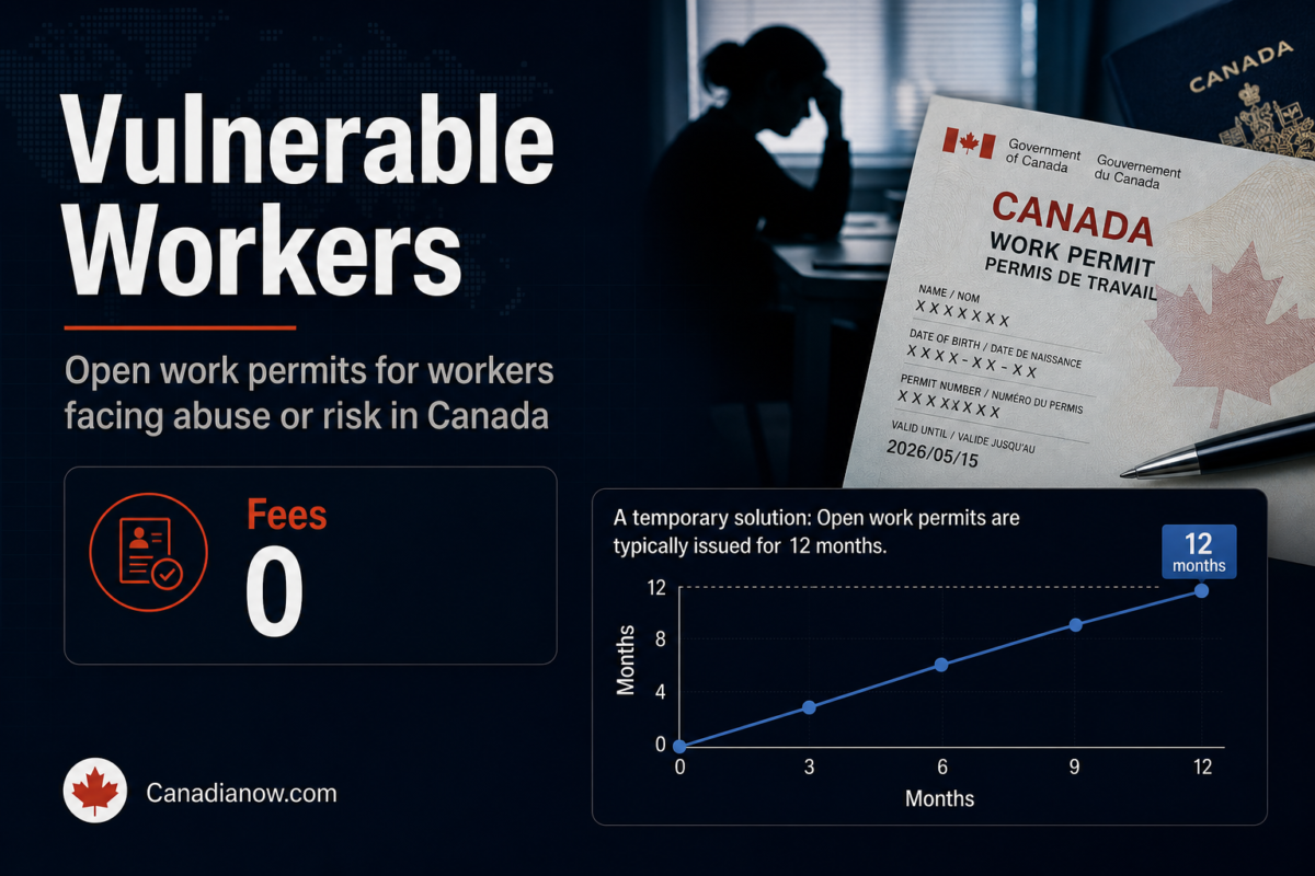 A Canadian open work permit for vulnerable workers, showing support for workers facing abuse, with zero fees and a temporary 12-month permit path.
