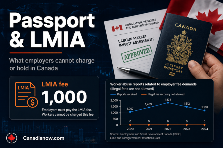 A Canadian worker rights article about employers illegally holding passports or charging LMIA fees, with a passport, immigration paperwork, and a $1,000 LMIA fee highlighted.