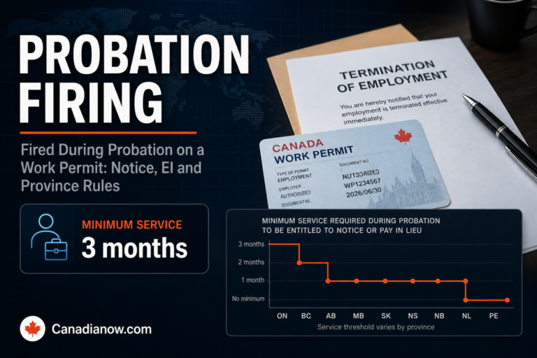 A work permit holder faces probation termination rules, notice periods, EI eligibility, and province-specific employment standards in Canada.