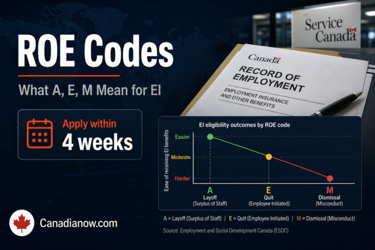 Canadian employment record codes A, E, and M explained for EI eligibility, with guidance on layoffs, quitting, and dismissal reasons.