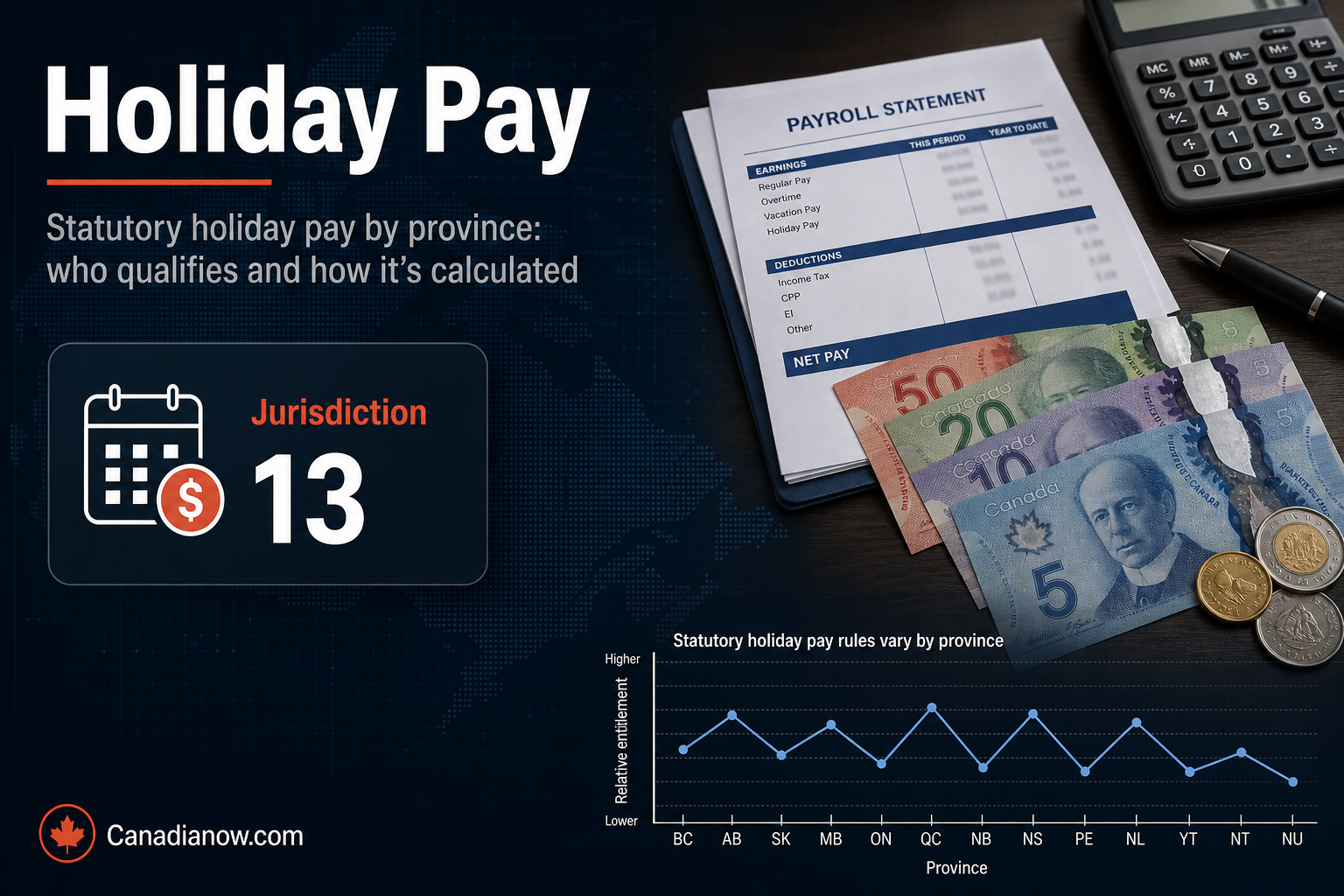 Holiday pay eligibility and calculation rules vary by Canadian province, with different qualifying requirements and wage formulas across jurisdictions.